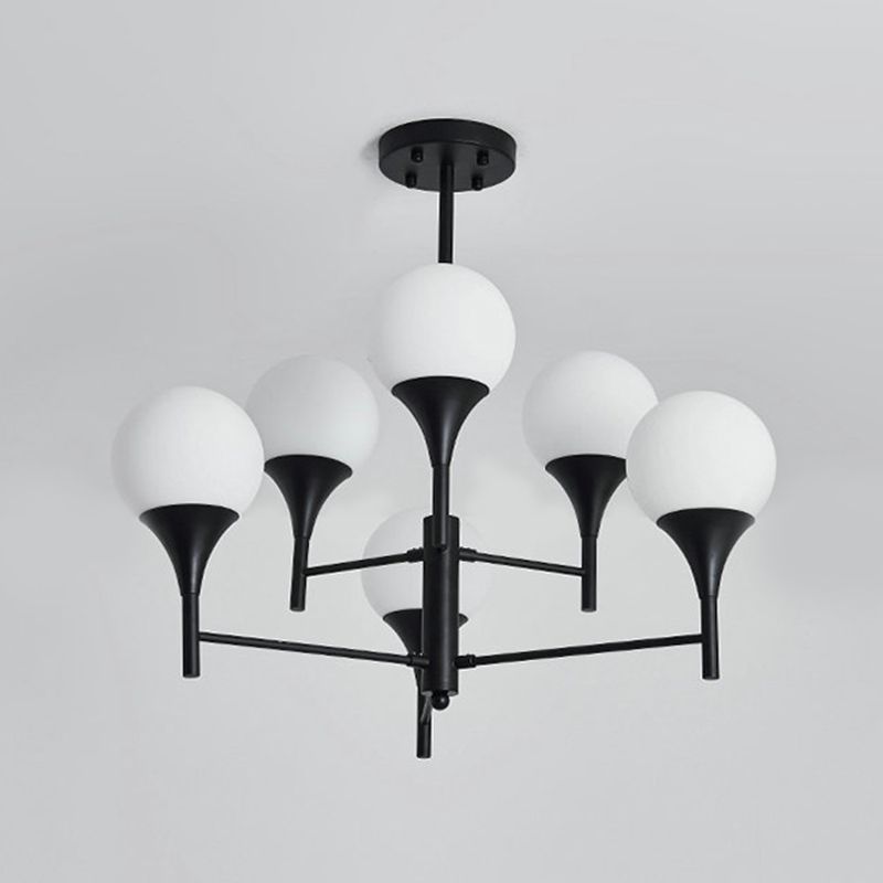 Sphere White Glass Hanging Lighting Contemporary 6 Lights Black Chandelier Lamp for Living Room