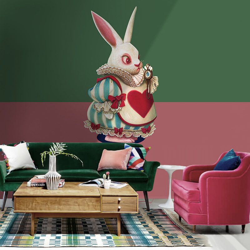 Cute Rabbit Wall Decor Green and Red Minimalist Wall Mural for Children's Bedroom