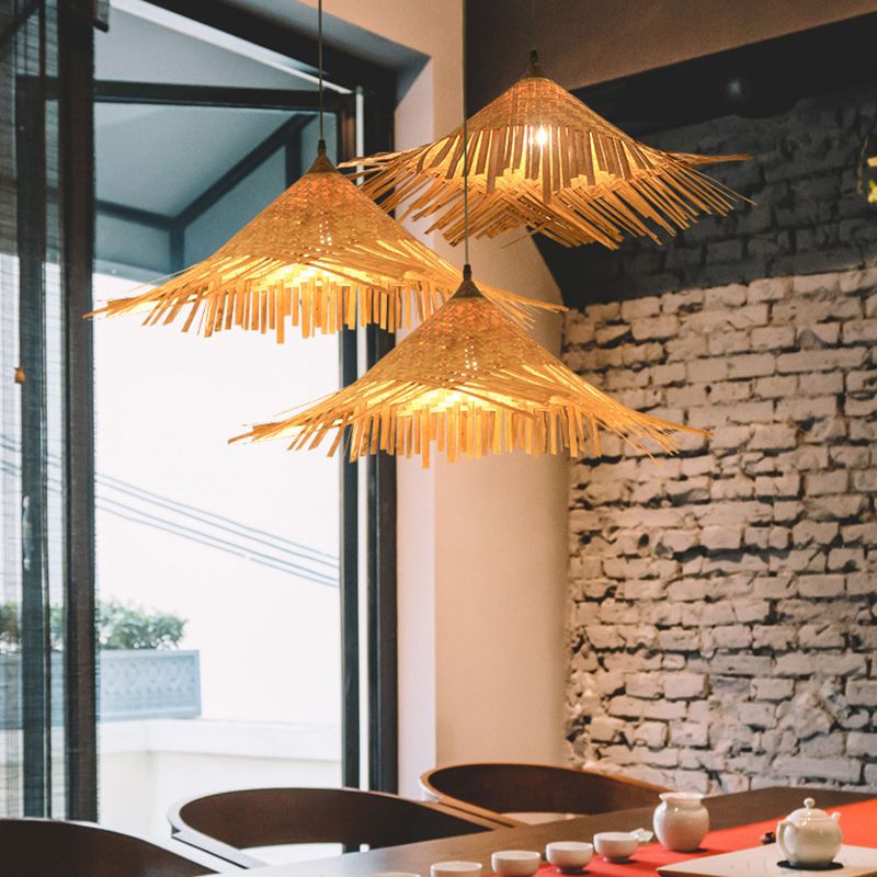 Hat Shape Suspension Pendante Light Bamboo Restaurant Plafond Plafond Plafond en beige