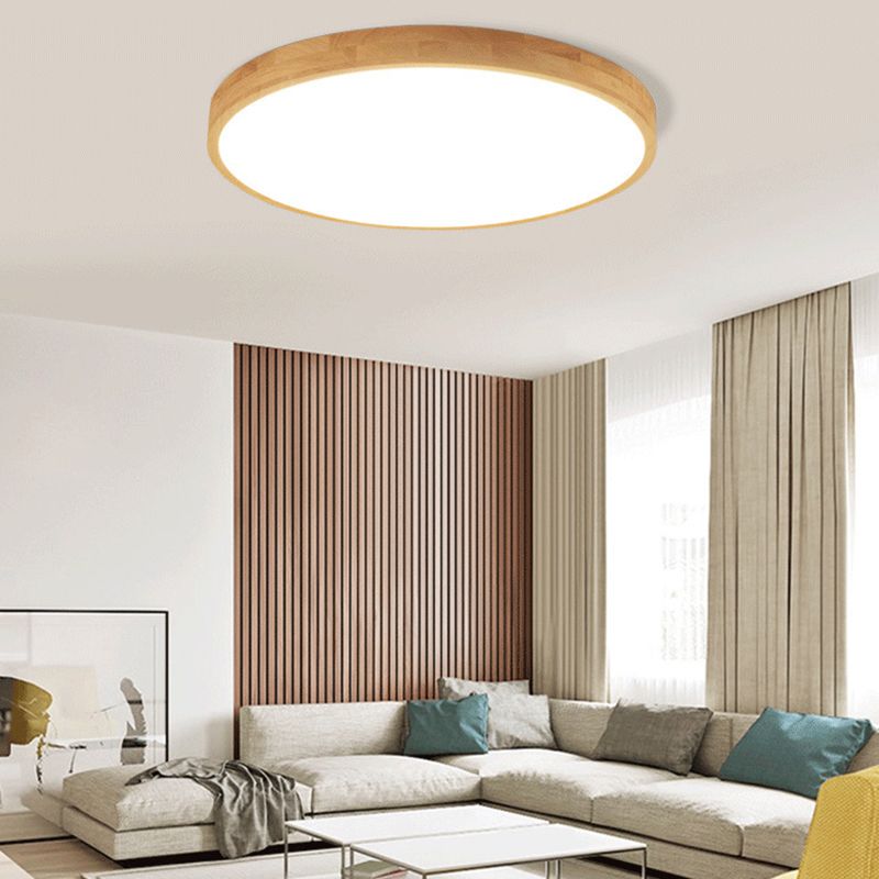 Round Flush Light Fixtures Modern Style Wood 1 Light Flush Mount Lights