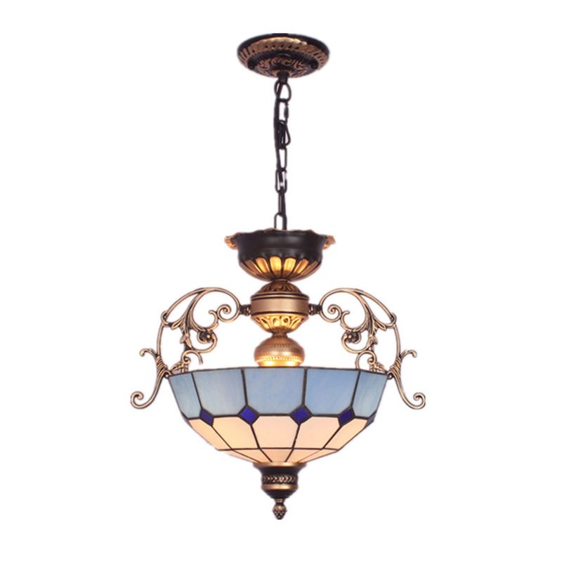 Inverted Dome Chandelier Light 3 Bulbs Gridded Glass Pendant Light Fixture for Entryway