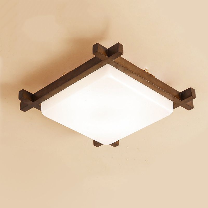 Square Shape Flush Mount Modern Style Wood 1 Light Flush Ceiling Light in Brown