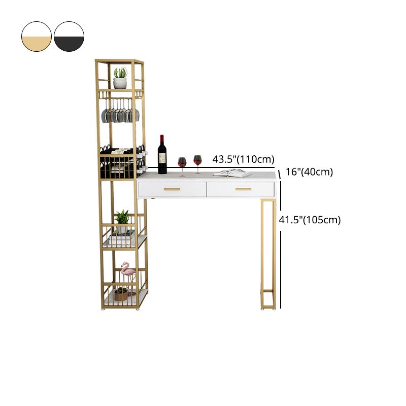 2-Drawer Modern Steel Bistro Table White Stone Top Indoor Bar Dining Table with Wine Rack