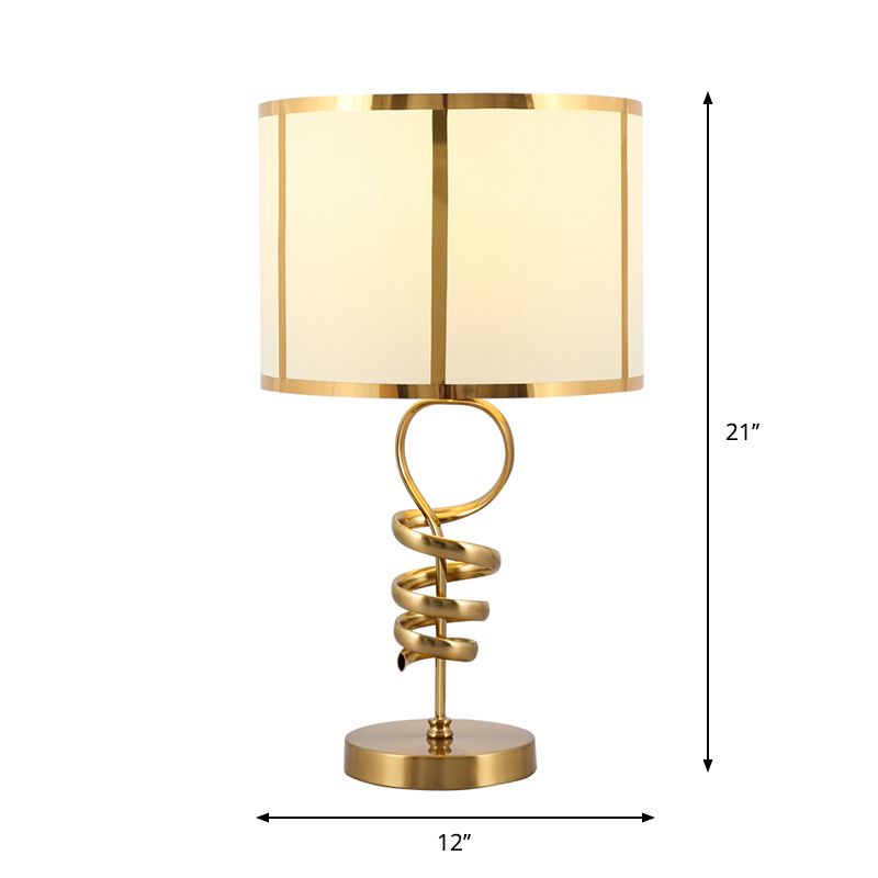 Barrel Living Room Desk Light Retro Fabric 1-Head Brass Night Table Lamp with Twisted Base Design