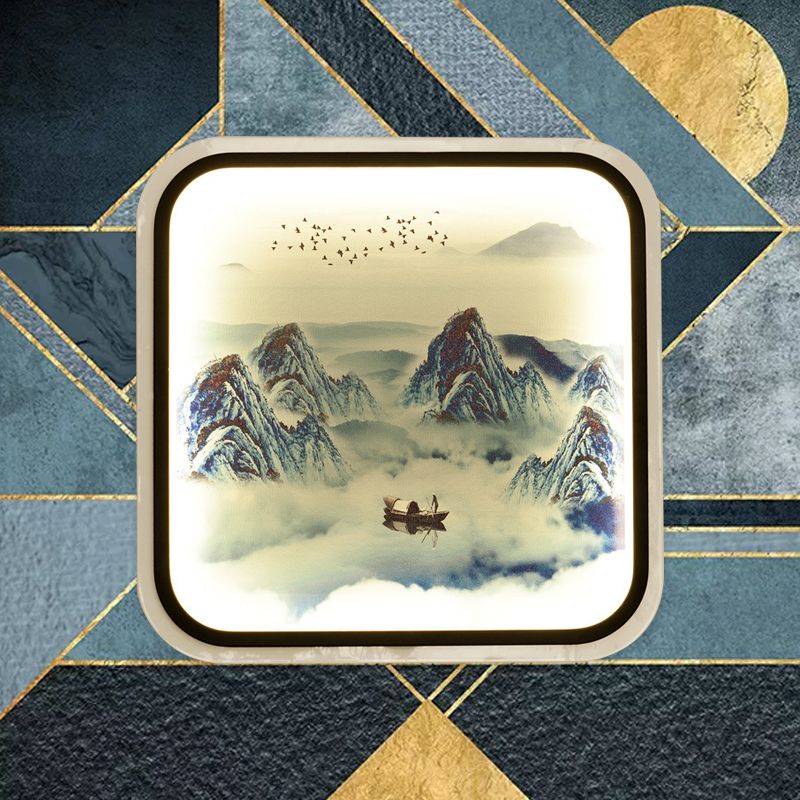 Lampada murale quadrata di montagna in stile cinese Tessuto in stile grigio/blu a filo a monte parete per soggiorno