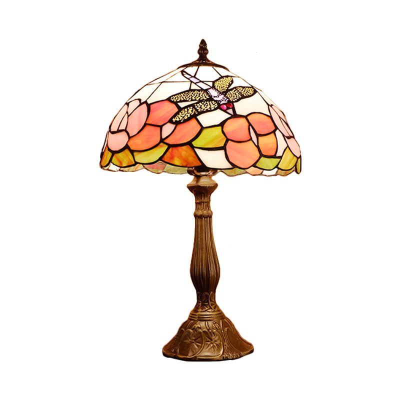 1-Light Nightstand Lamp Tiffany Dragonfly on Rose Orange/Pink/Beige Table Lighting with Bowl Shade