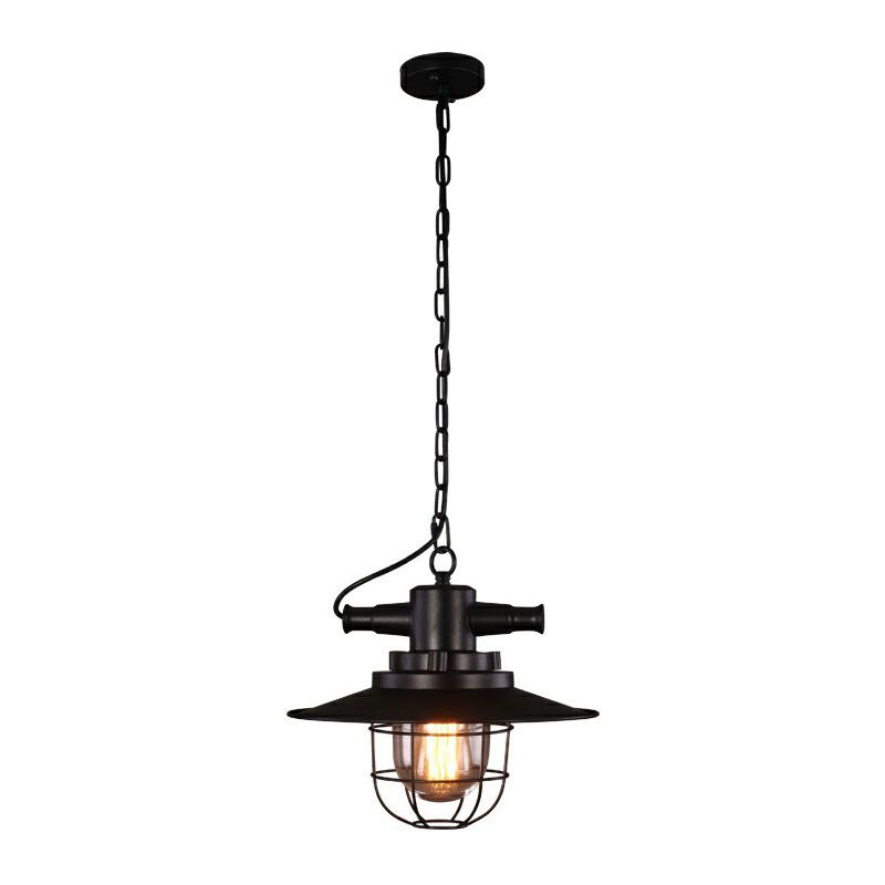 Pot Lid Iron Pendant Light Antique 1-Light Restaurant Hanging Light Fixture in Black