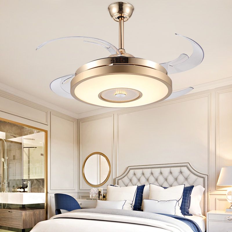 Gold Drum Pendant Fan Lamp Fixture Modernist Acrylic Living Room 4 Blades LED Semi Flushmount, 48" Wide