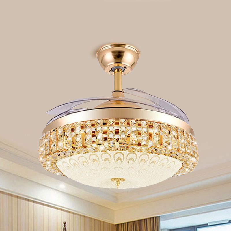 3-Blade Simple LED Hanging Fan Light Gold Domed Semi Mount Lighting with Textured Glass Shade, 19" Width