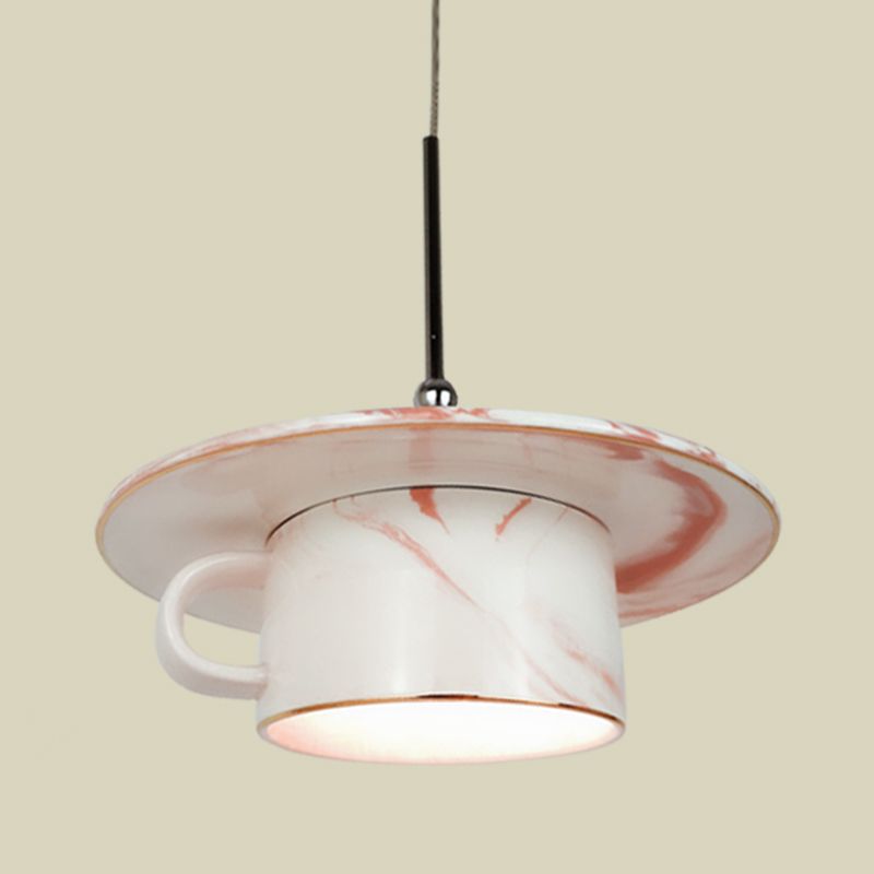 Pink Coffee Cup Pendant Ceiling Light Nordic 1-Bulb Ceramics LED Suspension Lamp for Restaurant