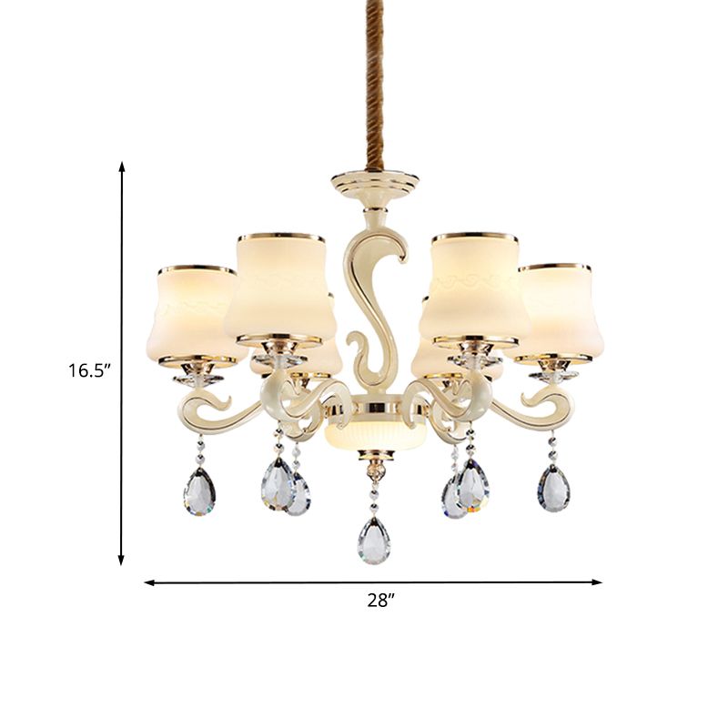 Beige 6-Light Ceiling Lamp Minimalist Cream Glass Bell Crystal Chandelier Pendant Light