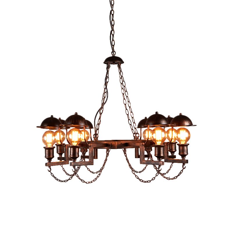 Metal Ring Hanging Lamp with Half-Globe Shade 8 Heads Antique Chandelier in Rust for Villa