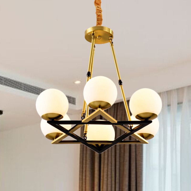 Polygon Metal Chandelier Light Fixture Postmodern 6/8 Heads Brass Hanging Ceiling Light with Globe White Glass Shade