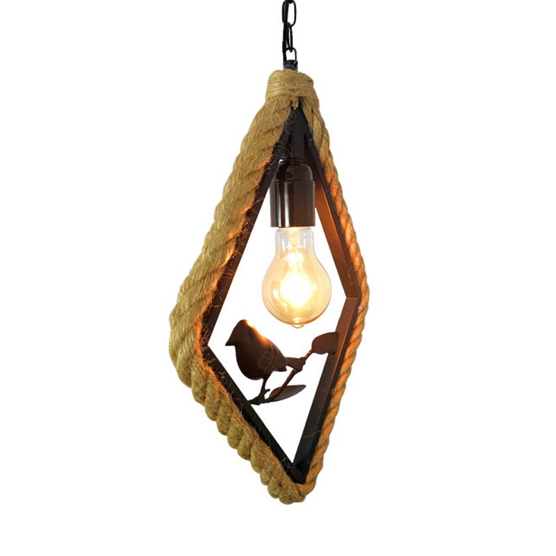 1 Light Round/Rhombus/Square Pendant Lighting Black Rope Hanging Light Fixture for Living Room with Bird Deco