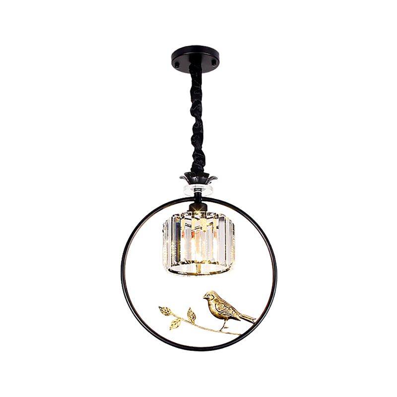 Cylindre Crystal suspendu luminaire minimaliste 1 pendentif de salle à manger légère avec anneau or / noir