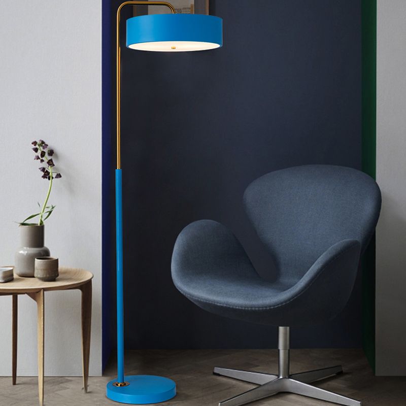 Macaron 1-Head Floor Lamp Black/Blue/Yellow Finish Drum Floor Standing Light with Iron Shade for Living Room