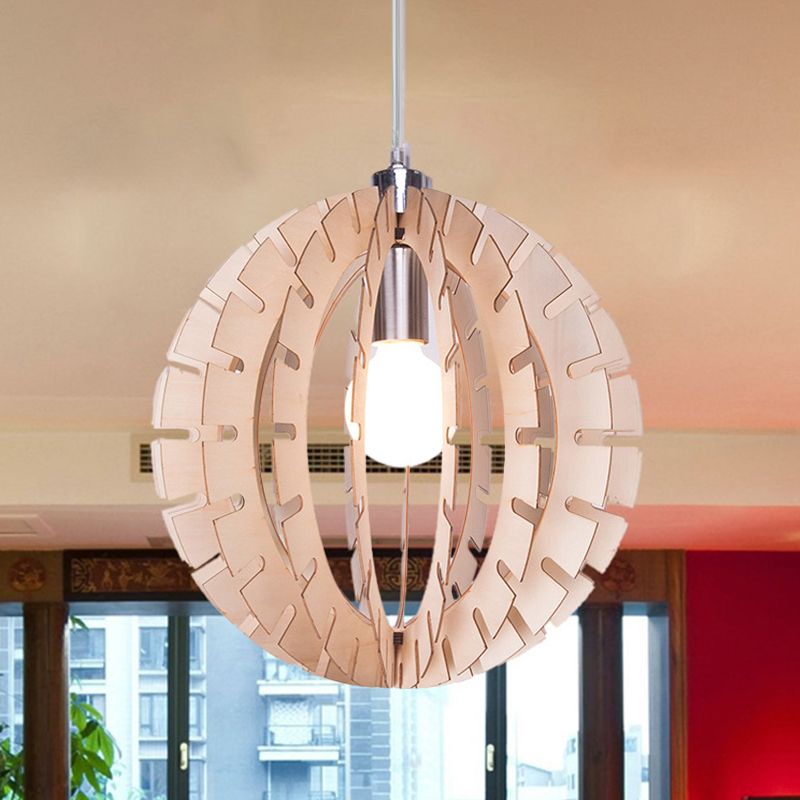 Globe Suspension Pendant Light Contemporary Wood 1 Bulb Beige Hanging Light Fixture