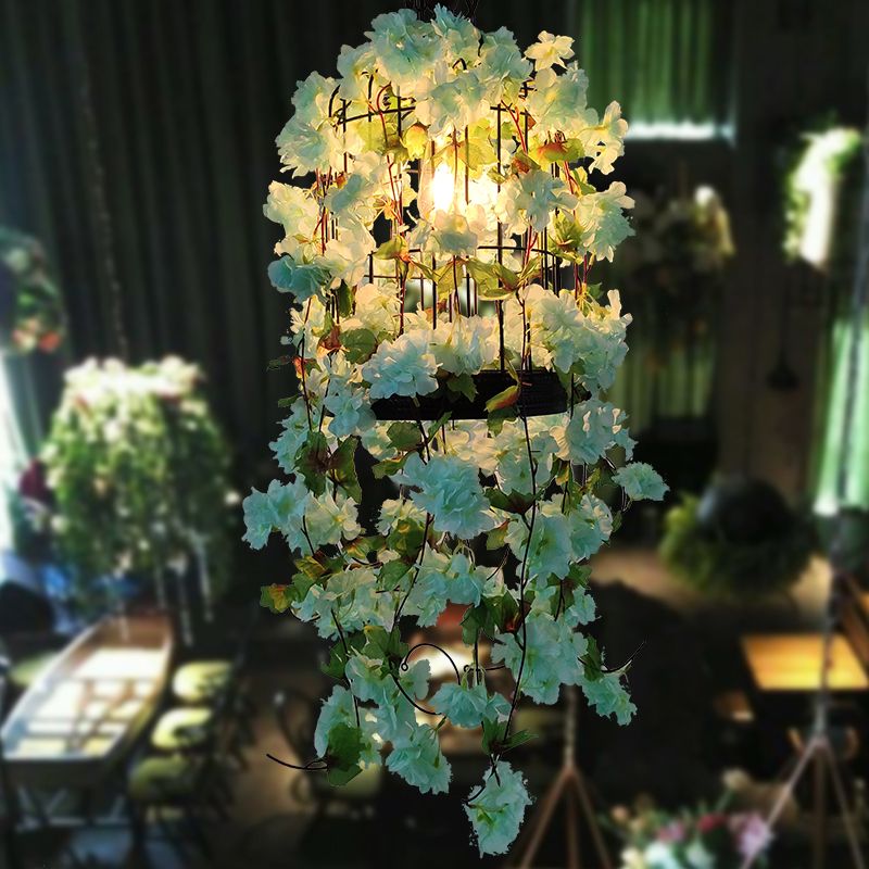 Birdcage Bar Ceiling Light Industrial Iron Single Light Green Hanging Pendant Light with Flower Decor