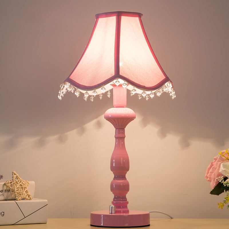 Scalloped Girls Bedroom Table Lamp Fabric 1 Light Contemporary Night Light in Pink with Clear Bead