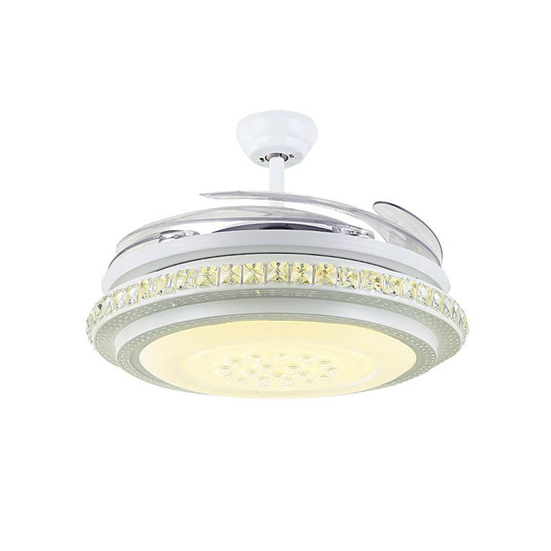 Luz de techo de semi rascilaje LED de 42 "de ancho de ancho con iluminación de ventilador colgante de cristal circular en blanco con 4 cuchillas transparentes