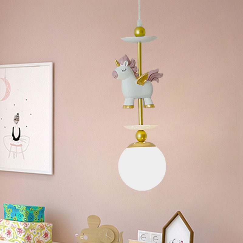 1-Light Bedside Pendant Lighting Cartoon Gold Unicorn Hanging Lamp with Sphere White Glass Shade