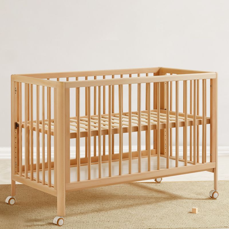 Beech Convertible Baby Crib Wood Nursery Crib with Guardrail and Wheels