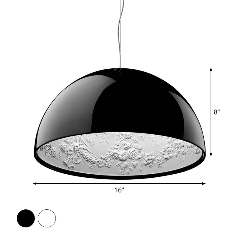 Hemispherical Resin Pendulum Light Industrial 16"/23" W Single Living Room Pendant Lamp in Black/White with Carved Rose Inside