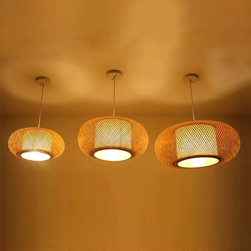 Japanese Style Bamboo Pendant Light Drum Shape Ceiling Light Fixture for Living Room