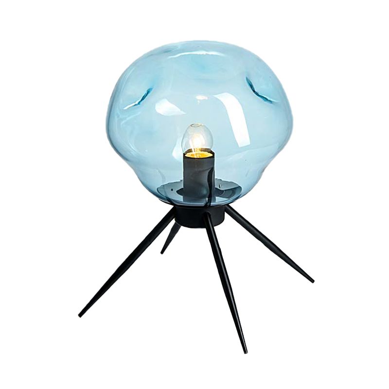 Modernist 1 Bulb Tripod Desk Light Black Dimpled Night Lamp with Blue/Cognac Glass Shade