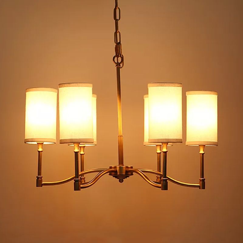 Gouden buisvormige hanger kroonluchter koloniale stijl stof 6/9-bulb omlaag verlichting met gedraaide arm voor woonkamer