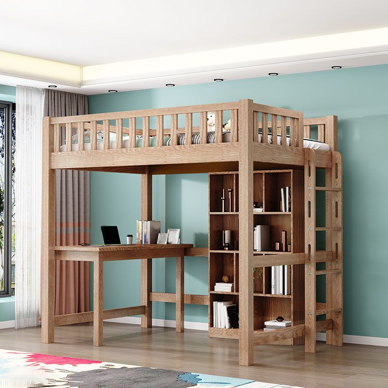 Solid Wood Loft Bed Brown Kids Bed with Built-In Ladder/Stairway