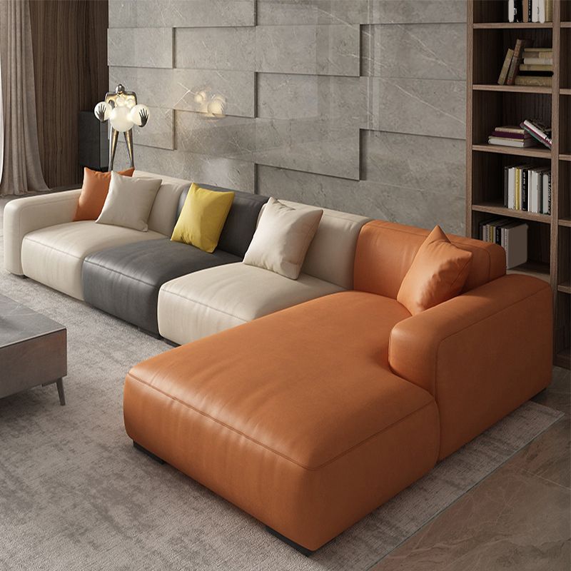 Modern Loose Back Sofa & Chaise 137.8"L*66.93"W*23.62"H Faux Leather Recessed Arm Sofa