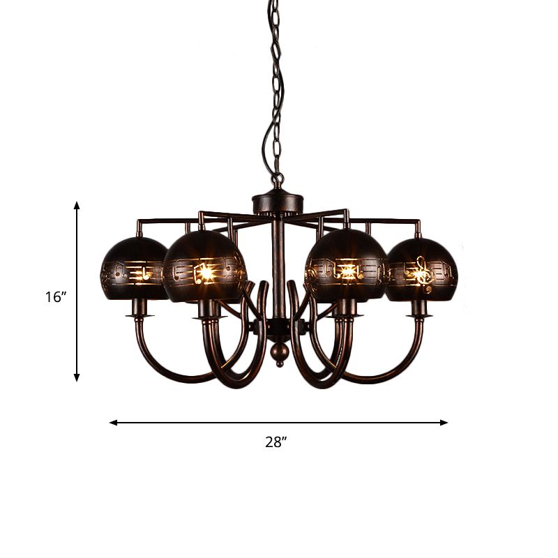 Retro Domed Shade Chandelier with Musical Note Metal 6-Light Rust Pendant Light for Restaurant