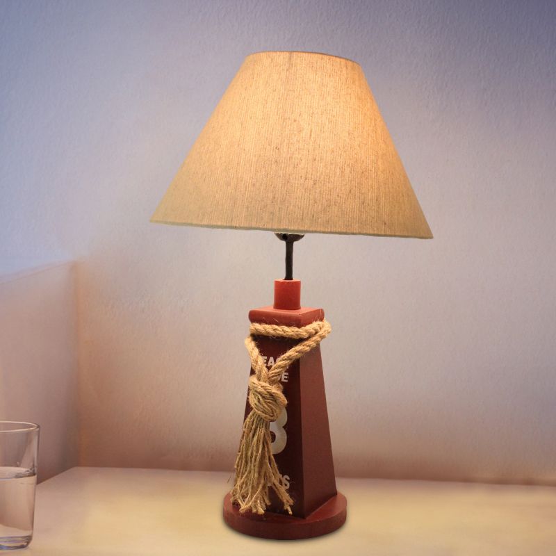 Trapezoid Base Night Light Children Resin 1 Head Red/White Table Lamp with Barrel White Fabric Shade