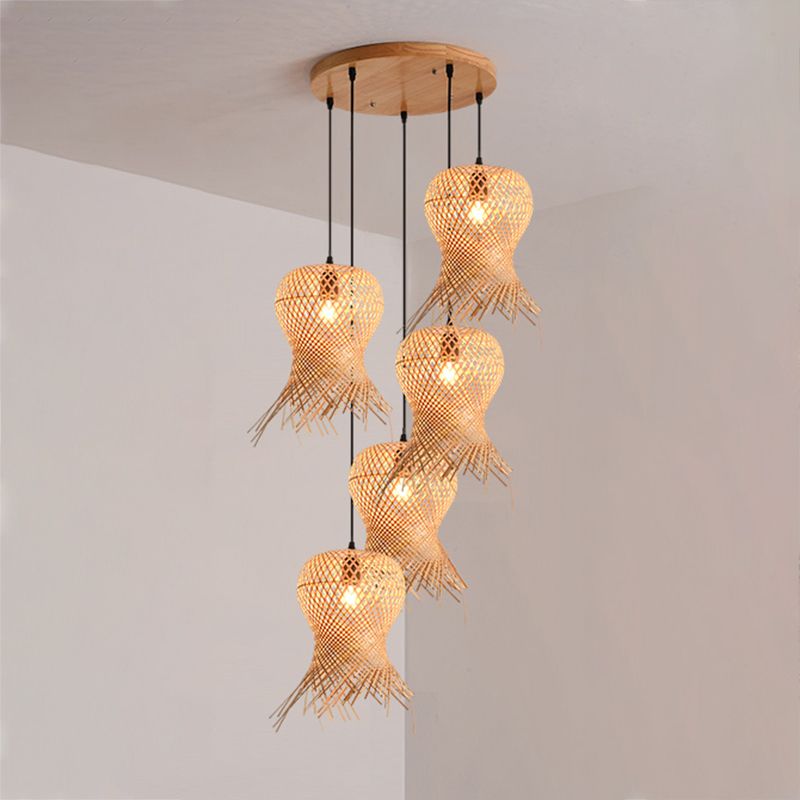 Einzigartige Schattenhänge -Beleuchtung moderner Stil Bambus Multi -Leuchten Hängende Lampe