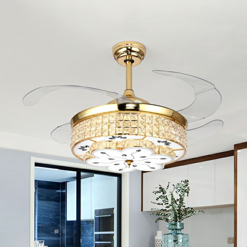 Floral Crystal Embedded Ceiling Fan Lamp Modern Gold Finish LED Semi Flush Light with 4 Clear Blades