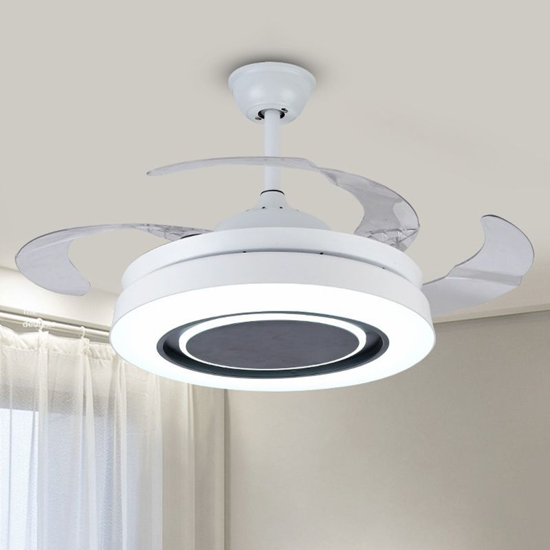 White Round Semi-Flush Mount Nordic 19" Wide LED Metallic Hanging Fan Light Fixture, 4 Blades