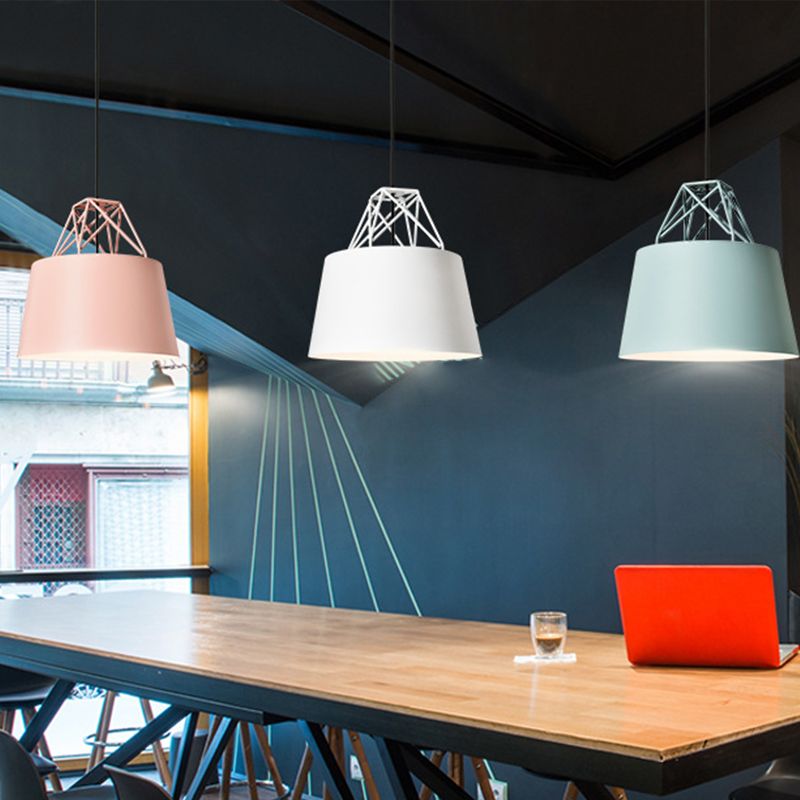 Macaron 1 Bulb Drop Pendant White/Pink/Blue Conical Frustum Hanging Lamp Fixture with Aluminum Shade and Wire Top