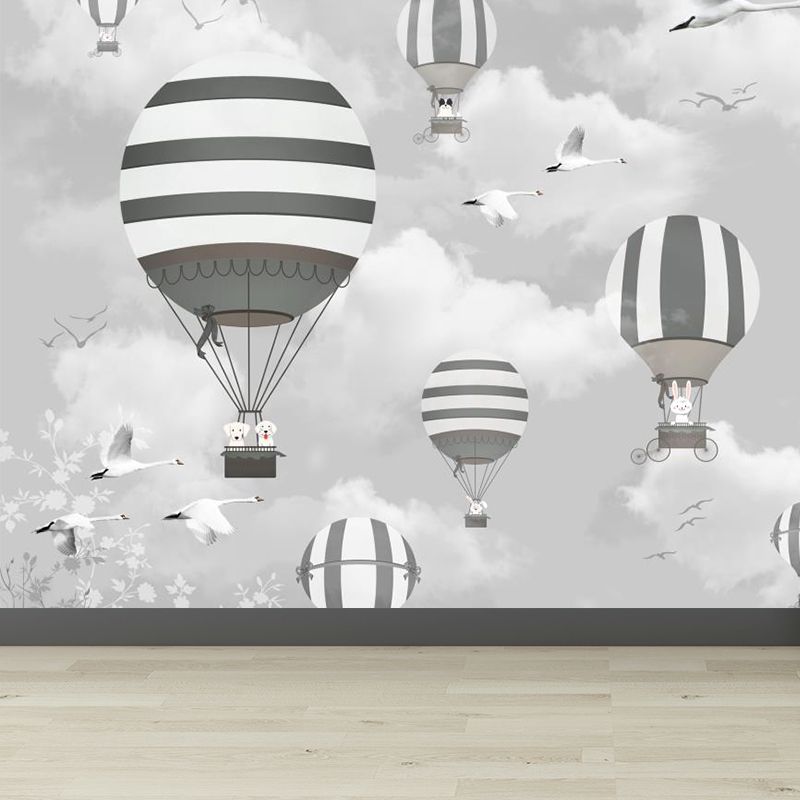 Rabbit Hot Air Balloon Mural Cartoon Non-Woven Fabric Wall Decor in Grey for Kids Room