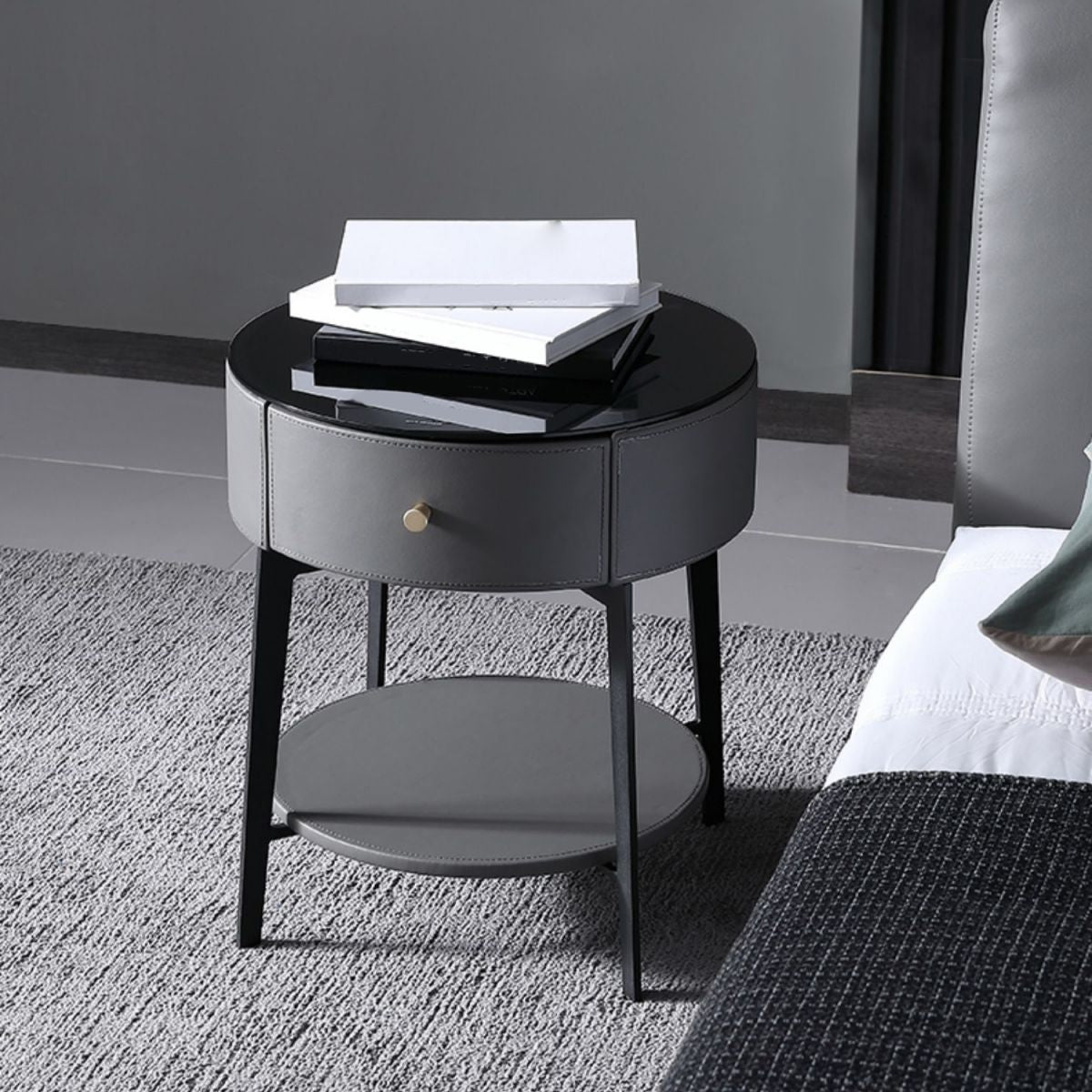 Leather and Metal Bed Nightstand Modern Minimalist Open Bedside Table with Legs