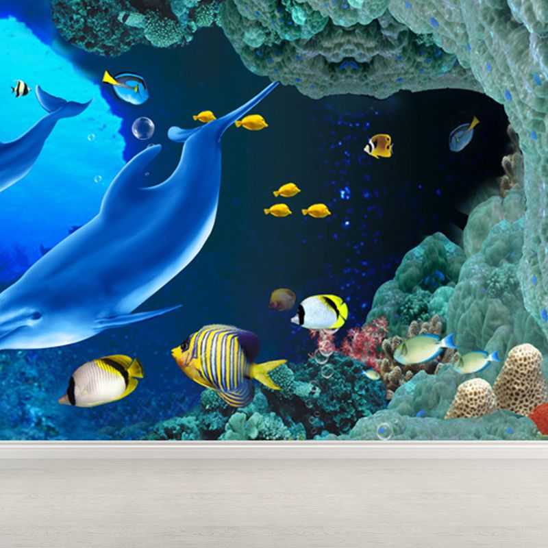 Underwater Scenery Mural Decal Dark Blue Kids Style Wall Covering for Children Room