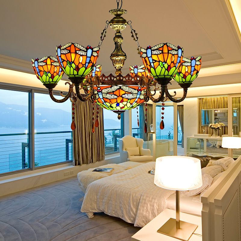 Chandeliers for Living Room, Dragonfly Pendant Ceiling Lamp with Stained Glass Shade and Amber Crystal Decoration