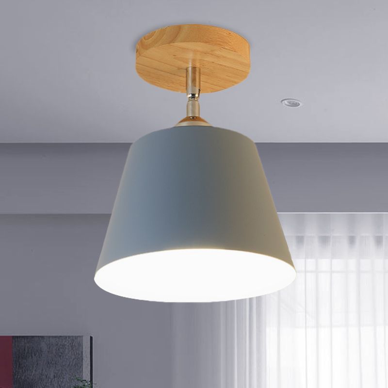 1 Light Tapered Semi Flush Pendant Light Modernism Gray/Pink Metal and Wood Adjustable Ceiling Light