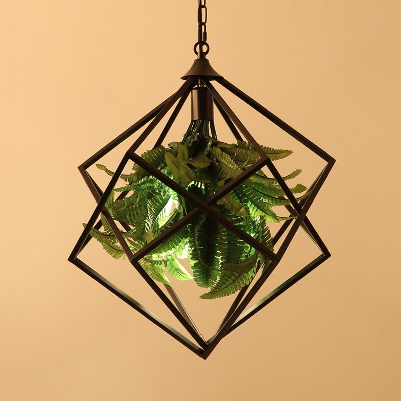 Metaal geometrisch hangende plafondlicht retro 1 lamp restaurant LED suspensielamp in zwart met plant, 18 "/21,5" breed