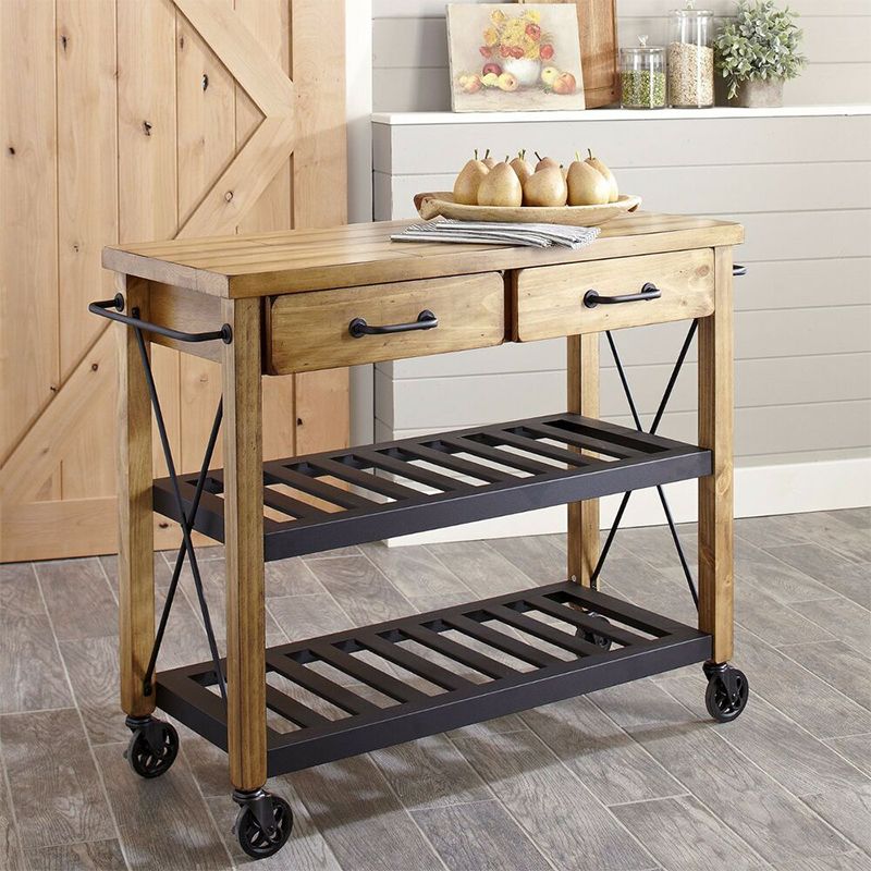 Modern Solid Wood Kitchen Island Cart with Wheels and 2 Drawers