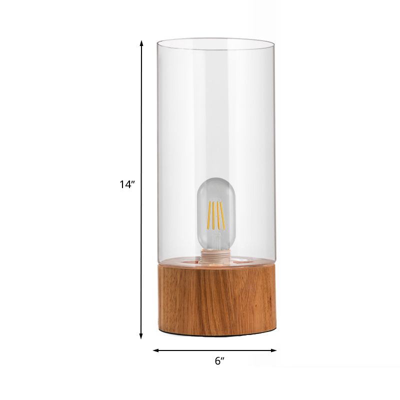 Cylinder Bedroom Small Desk Light Clear Glass 1 Bulb LED Simple Reading Book Lamp with Wood Base