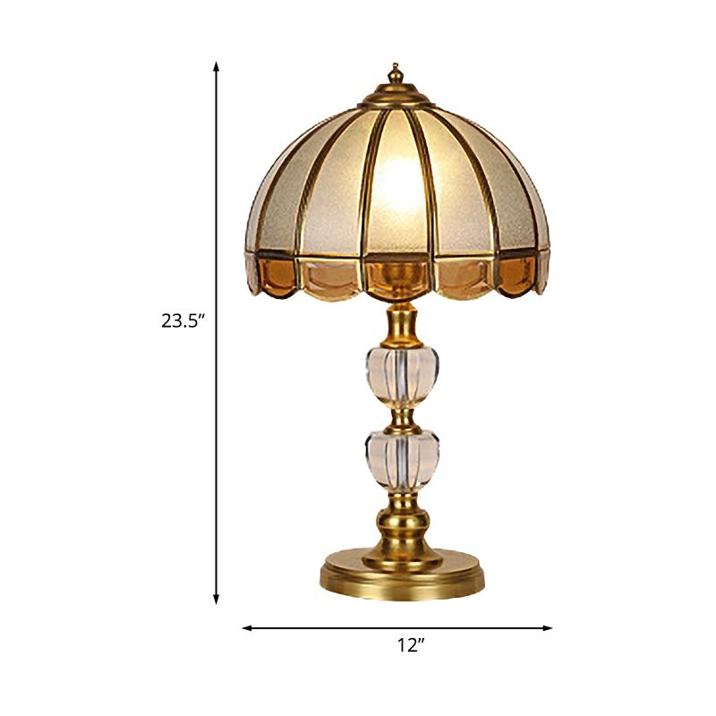 1 Bulb Night Table Lamp Vintage Scalloped Shade Beige/Frosted Glass Nightstand Light in Gold with Clear Crystal Accent