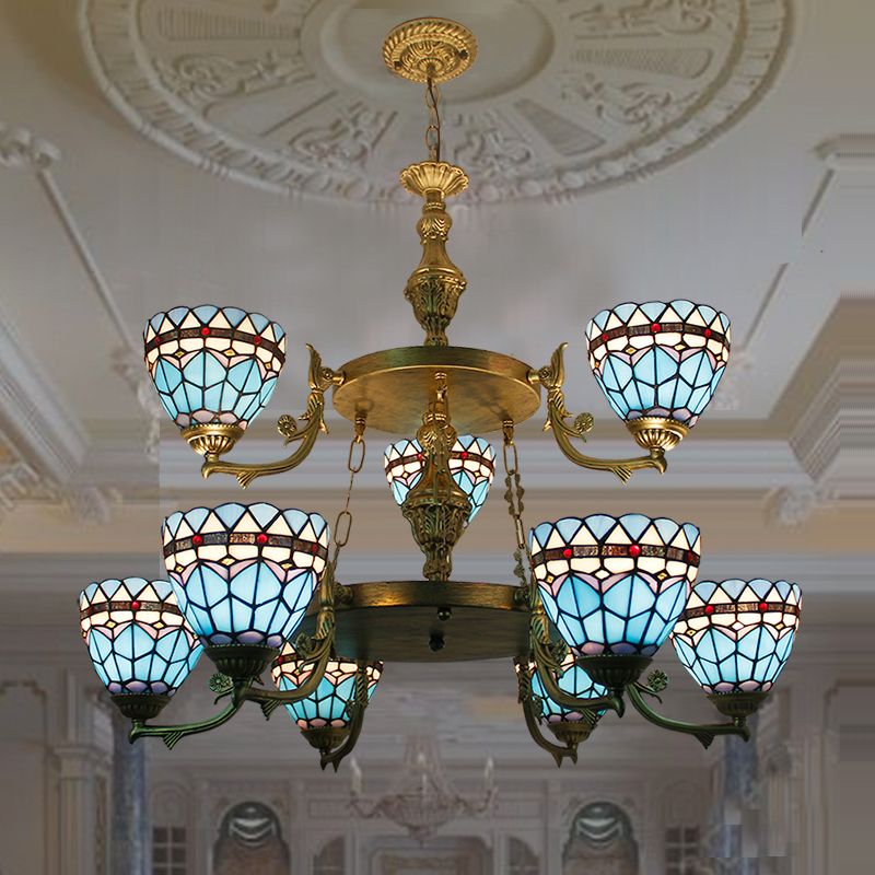 Stained Glass Bowl Hanging Ceiling Light 9 Lights Baroque Chandelier Lighting in Blue for Hallway