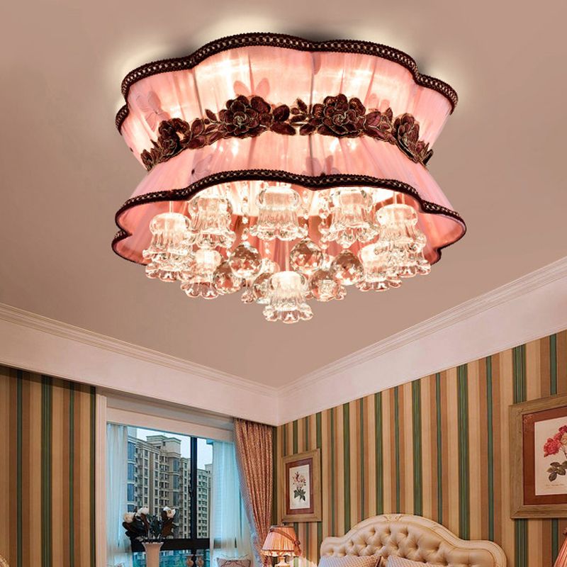 Pink Flower Flush Ceiling Light Modern Fabric LED Ceiling Mount Light with Crystal Deco for Hotel