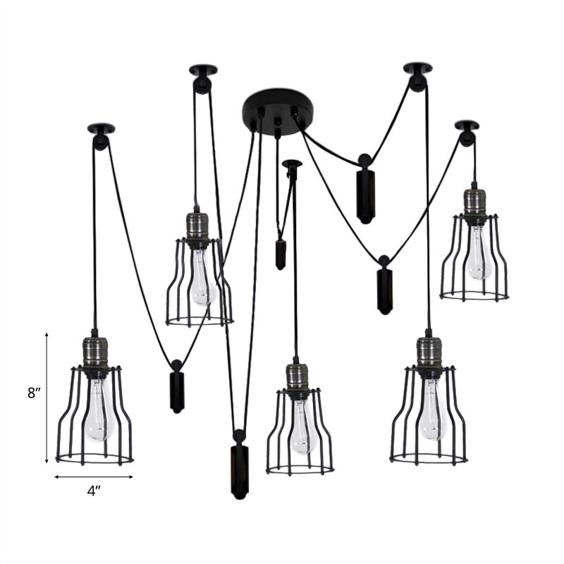 5 Bulbs Spider Pendant Light with Wire Guard Shade Farmhouse Style Black Finish Metal Ceiling Fixture for Bedroom